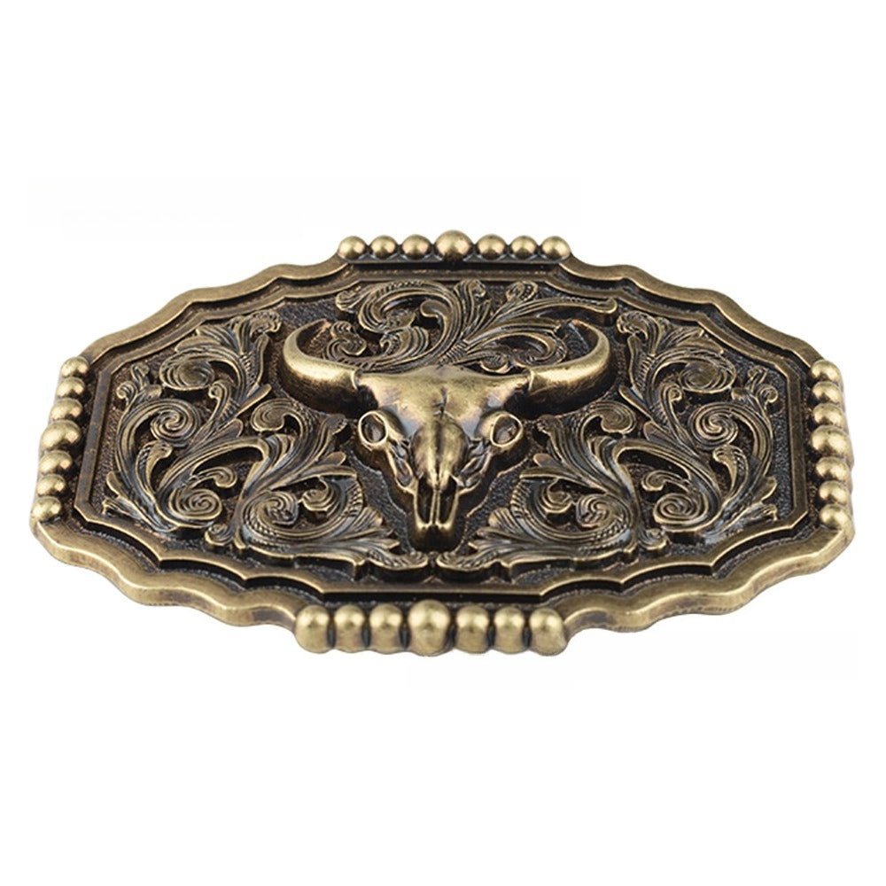 Western Longhorn Bull Skull Belt Buckle Antique Bronze Floral