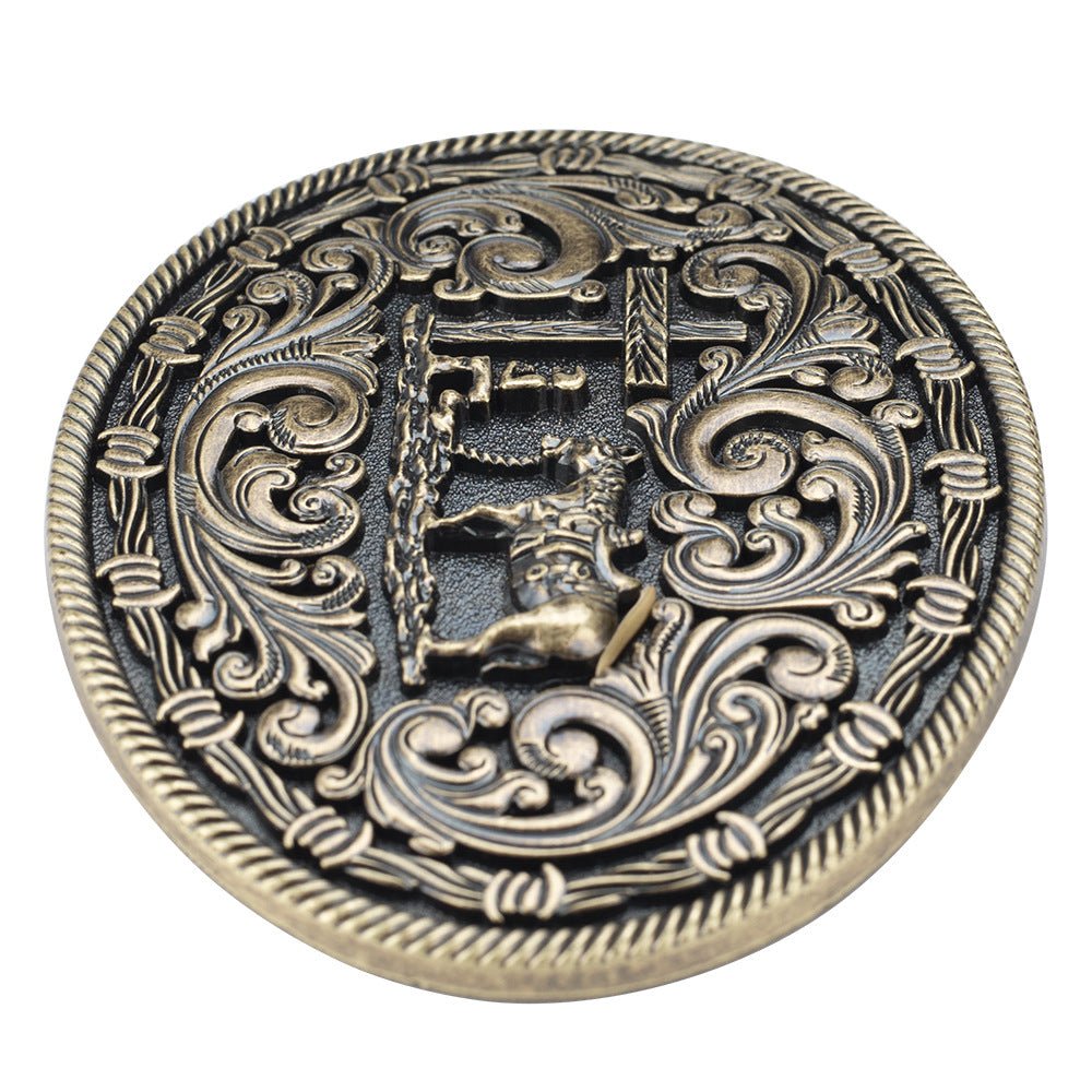 Western Oval Belt Buckle Cowboy Horse Cross Floral Scroll Rodeo