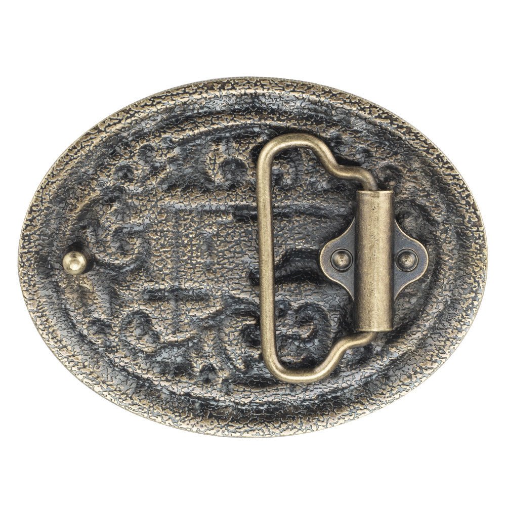 Western Oval Belt Buckle Cowboy Horse Cross Floral Scroll Rodeo