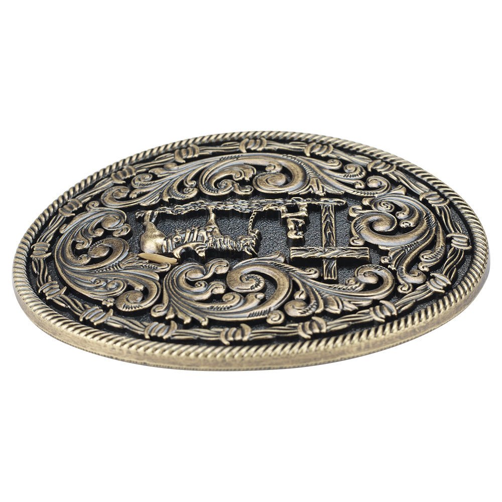 Western Oval Belt Buckle Cowboy Horse Cross Floral Scroll Rodeo