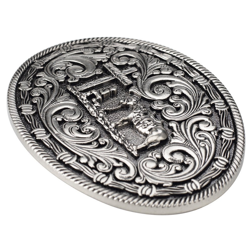 Western Oval Belt Buckle Cowboy Horse Cross Floral Scroll Rodeo