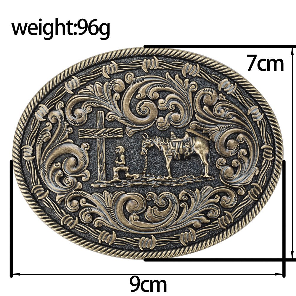 Western Oval Belt Buckle Cowboy Horse Cross Floral Scroll Rodeo