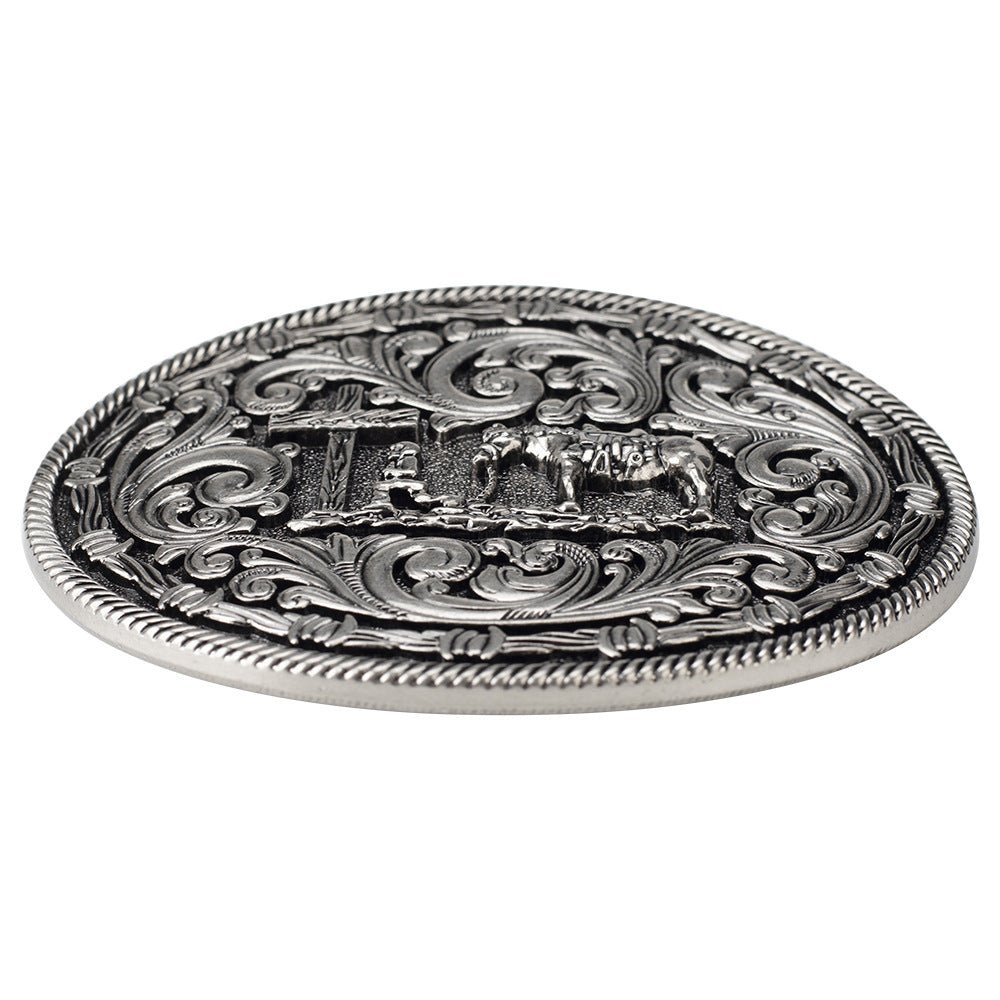 Western Oval Belt Buckle Cowboy Horse Cross Floral Scroll Rodeo