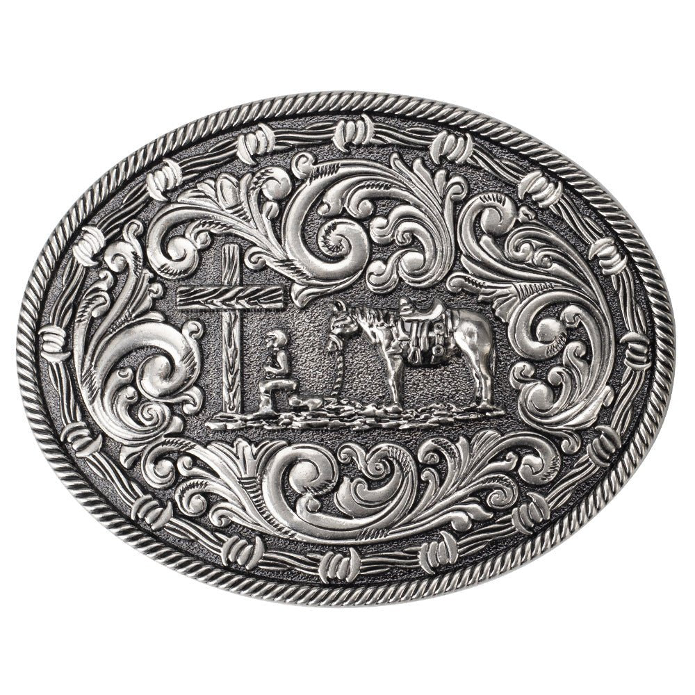 Western Oval Belt Buckle Cowboy Horse Cross Floral Scroll Rodeo