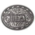 Western Oval Belt Buckle Cowboy Horse Cross Floral Scroll Rodeo