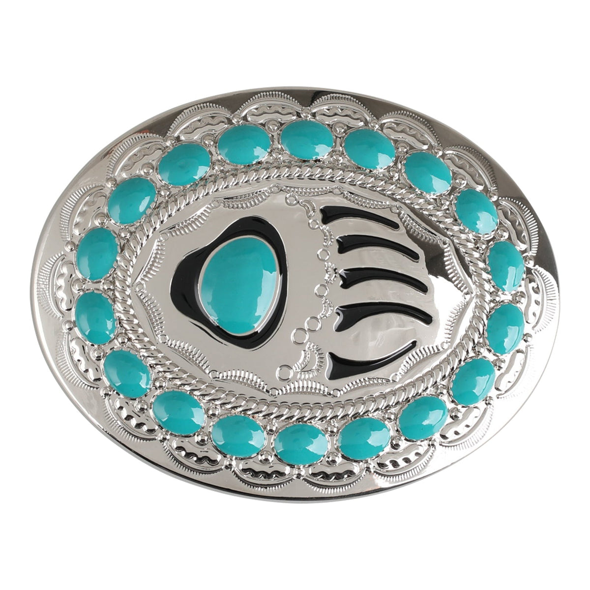 Western Turquoise Bear Paw Silver Belt Buckle