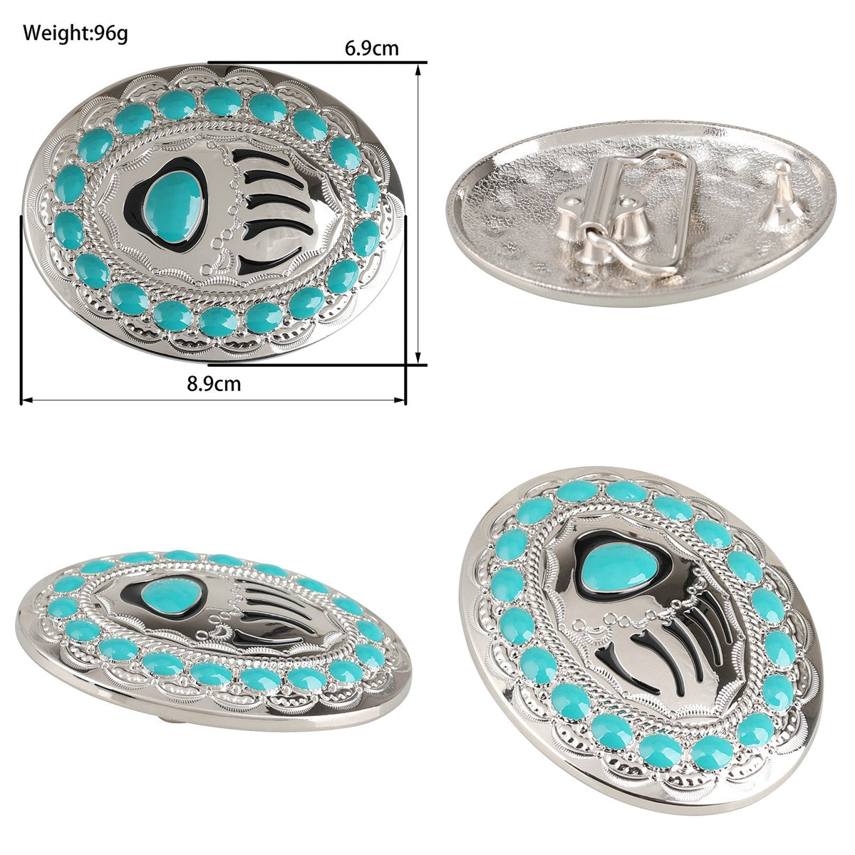 Western Turquoise Bear Paw Silver Belt Buckle