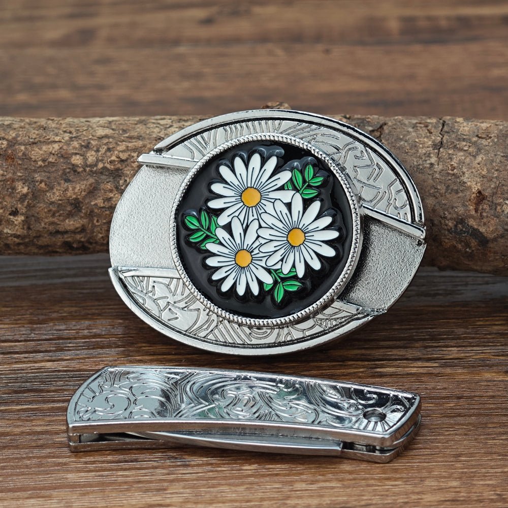 Daisy Flower Oval Western Belt Buckle White