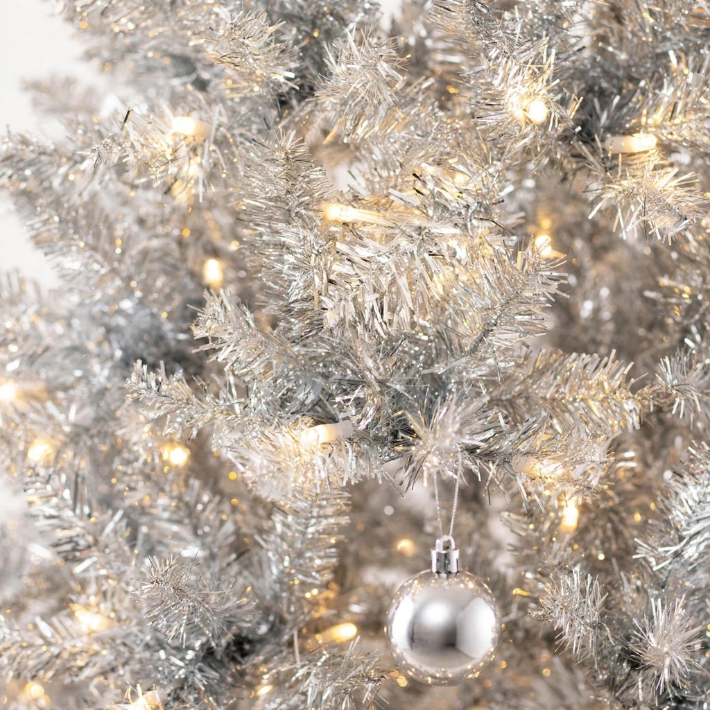 Silver Tinsel Christmas Tree 1,8 m - Slim with 300 LED Lights